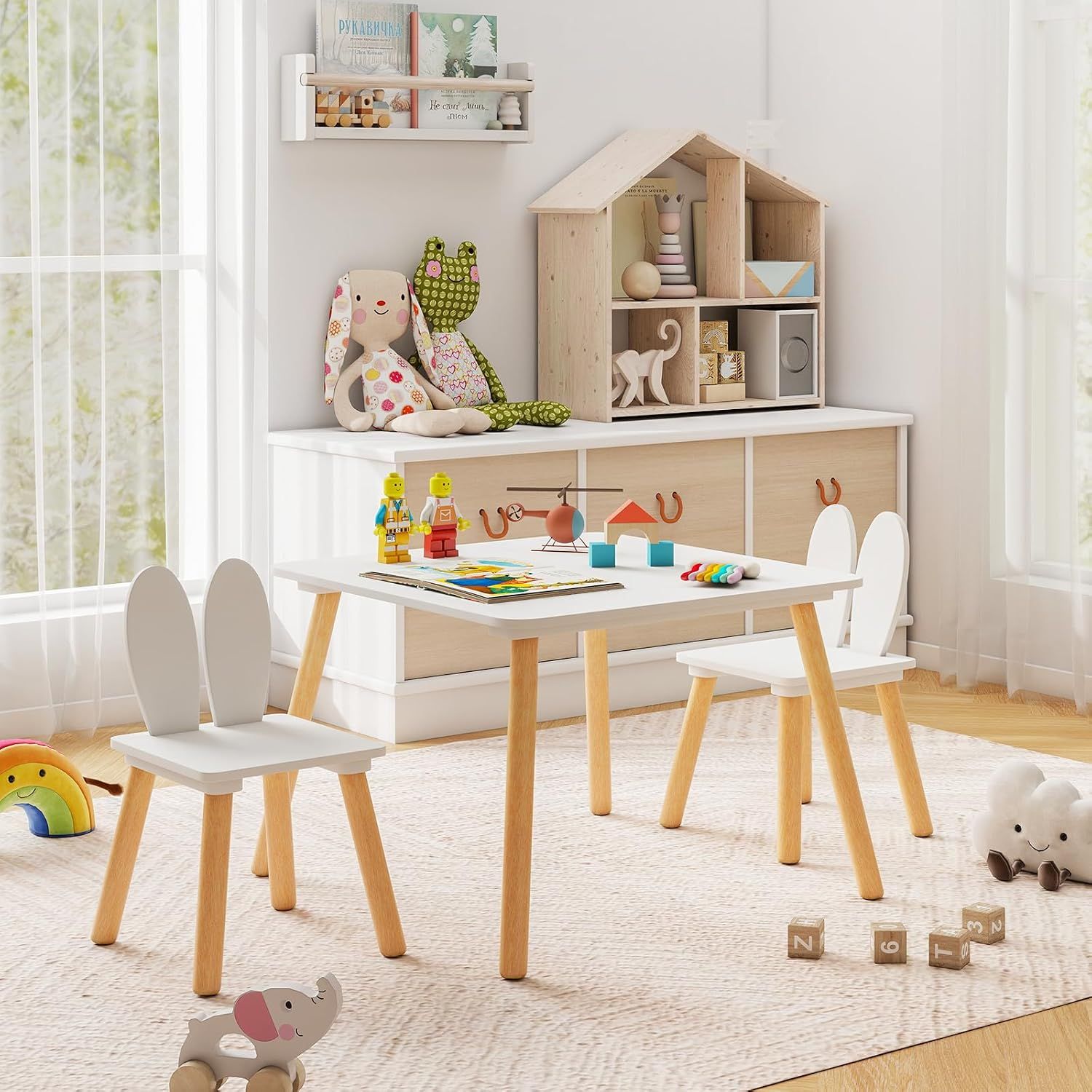 Kids Table &amp; 2 Chair Set, Wooden Activity Desk with Rabbit Ear Chairs, White