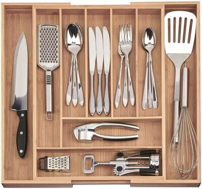 Bamboo Cutlery Tray 7-9 Adjustable Compartments Wooden Drawer Organiser