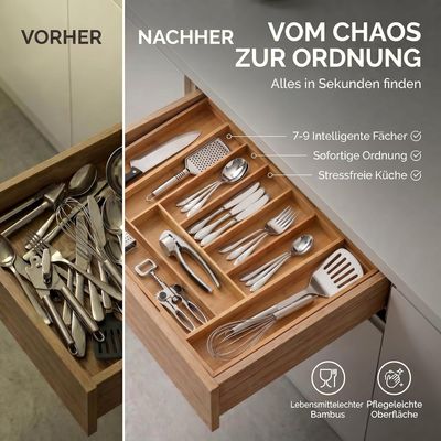 Bamboo Cutlery Tray 7-9 Adjustable Compartments Wooden Drawer Organiser
