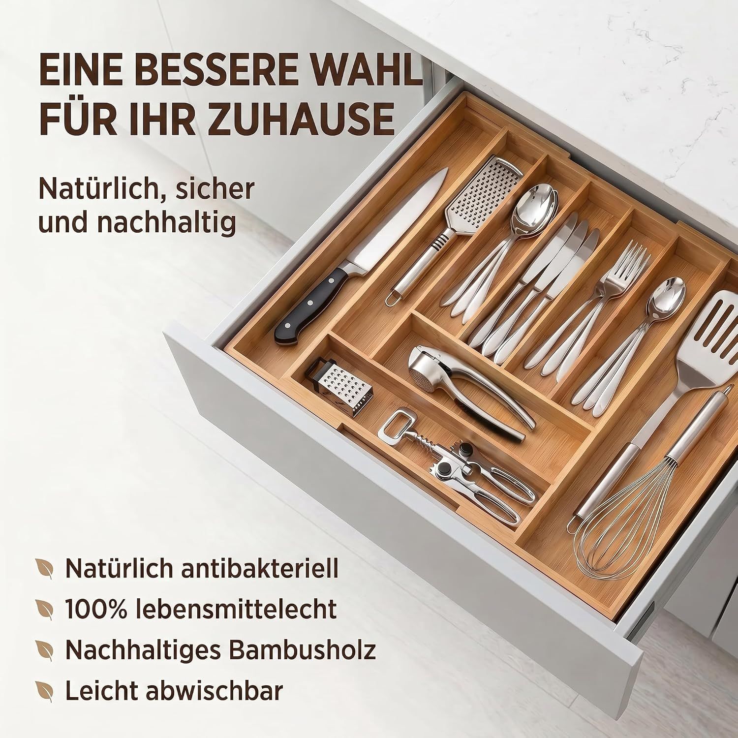 Bamboo Cutlery Tray 7-9 Adjustable Compartments Wooden Drawer Organiser