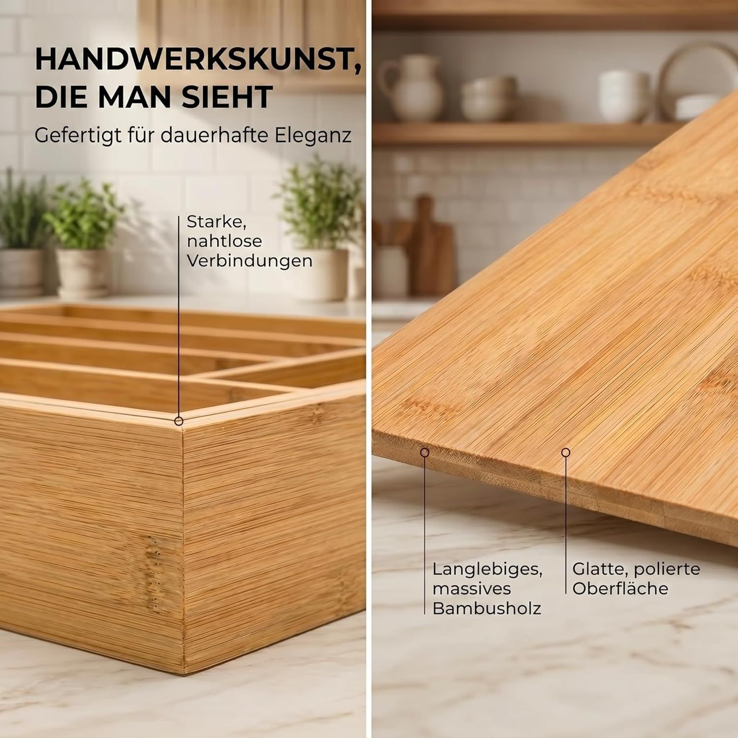 Bamboo Cutlery Tray 7-9 Adjustable Compartments Wooden Drawer Organiser