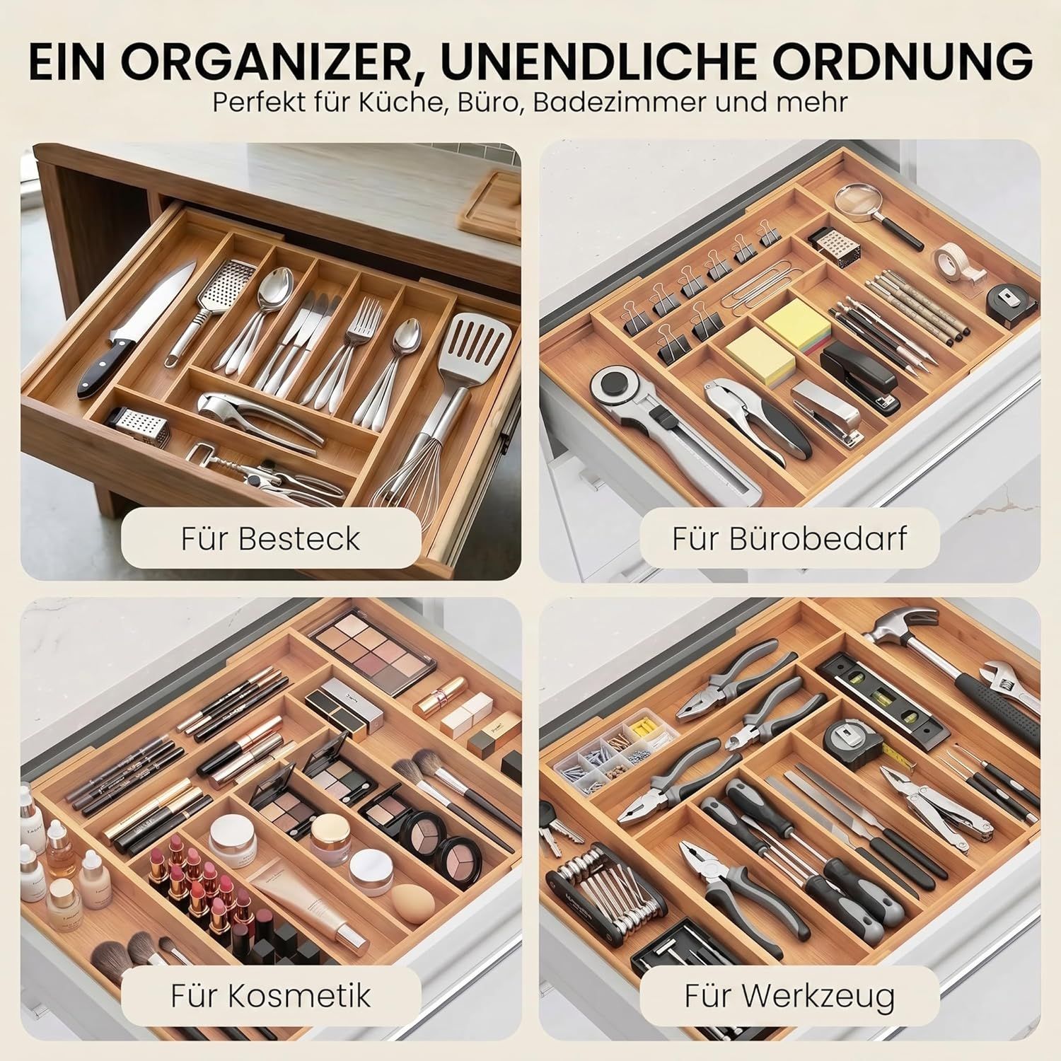 Bamboo Cutlery Tray 7-9 Adjustable Compartments Wooden Drawer Organiser