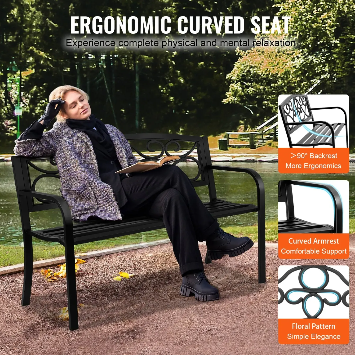 Outdoor Garden Bench 50 Inch Metal with Backrest