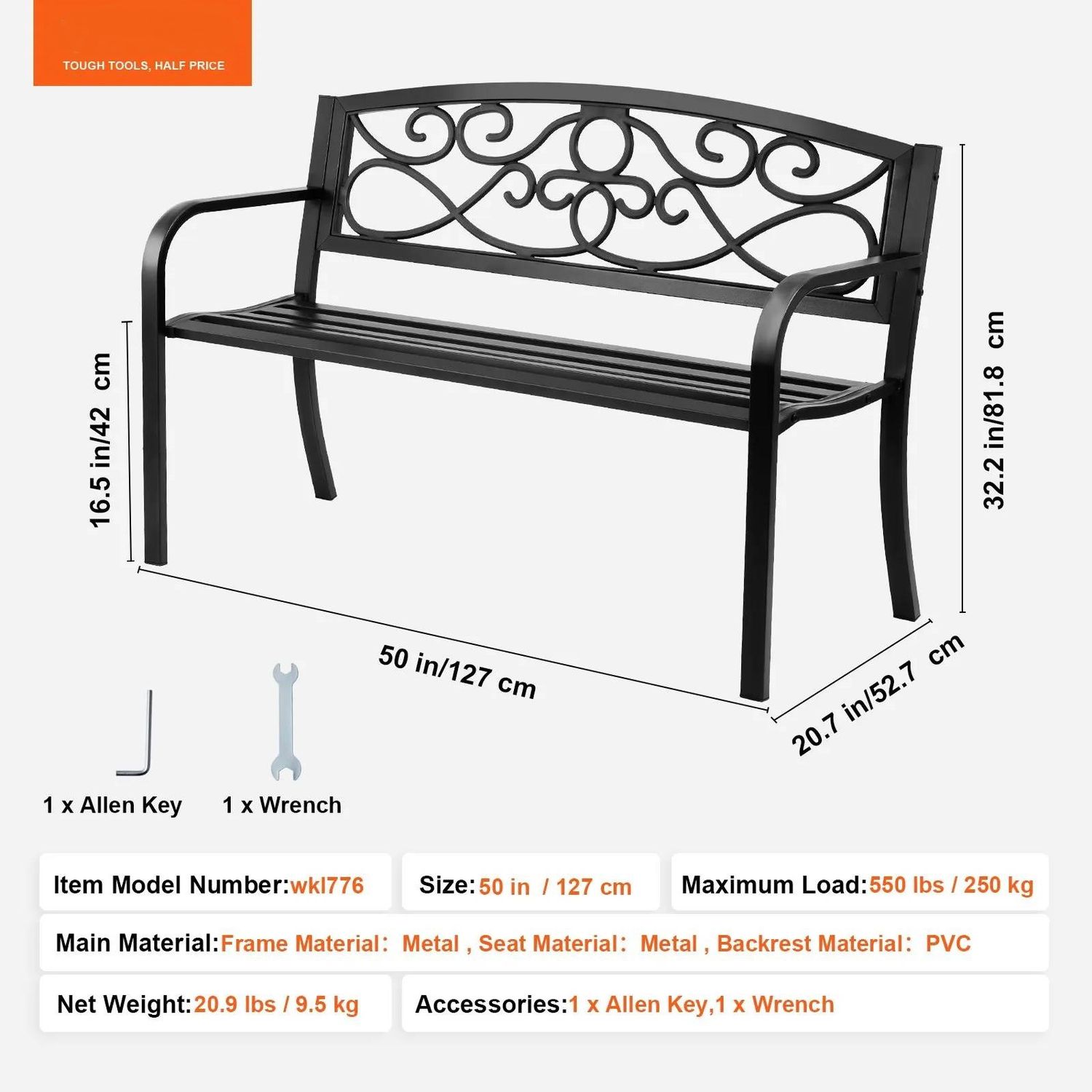 Outdoor Garden Bench 50 Inch Metal with Backrest