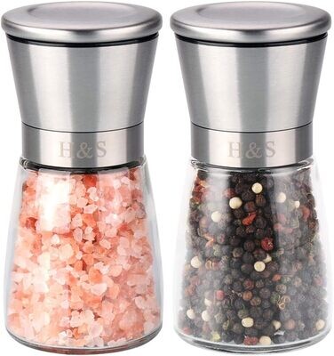 Salt and Pepper Grinder Set Glass Stainless Steel Adjustable Spice Mills