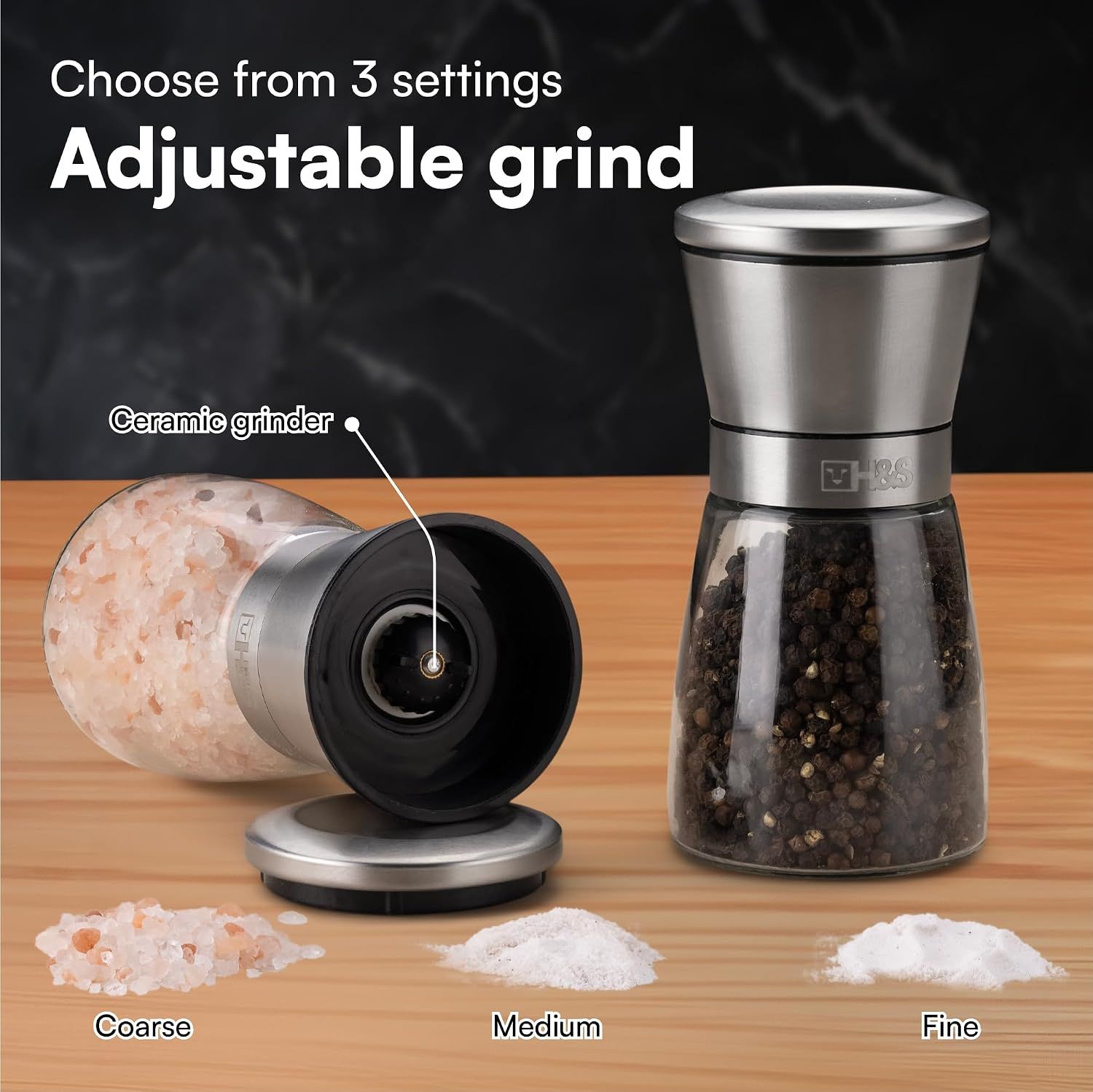 Salt and Pepper Grinder Set Glass Stainless Steel Adjustable Spice Mills