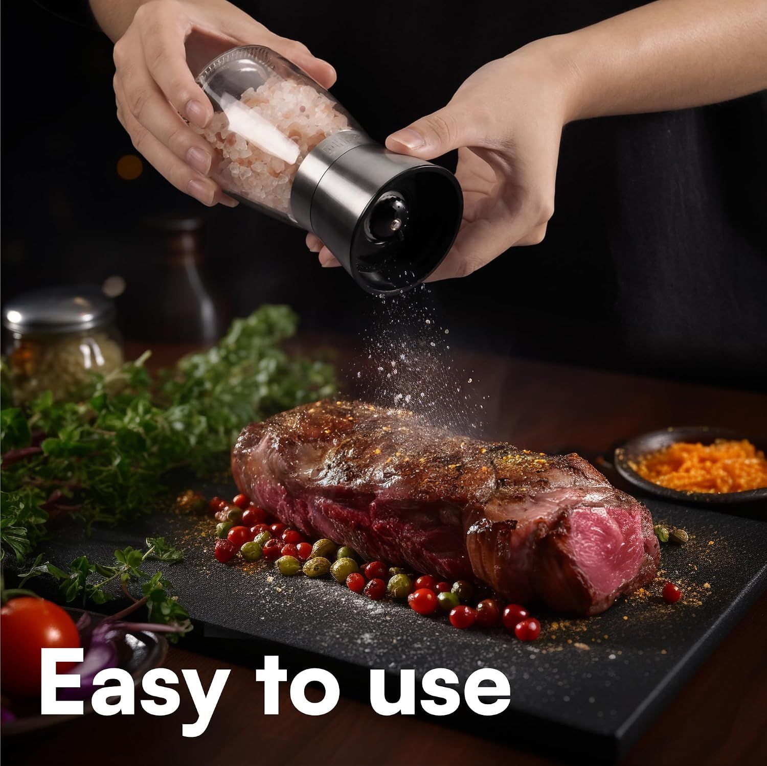 Salt and Pepper Grinder Set Glass Stainless Steel Adjustable Spice Mills