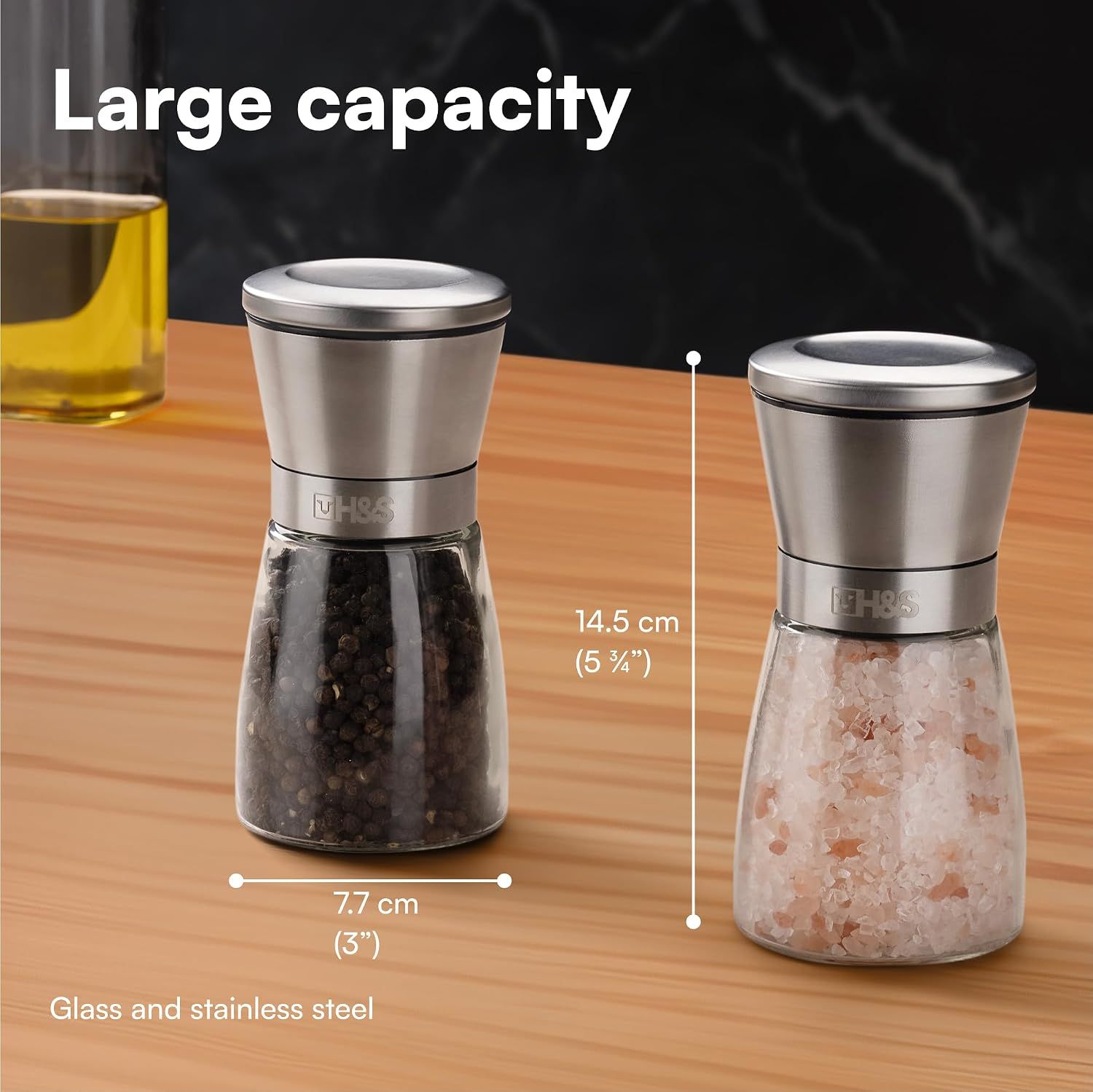 Salt and Pepper Grinder Set Glass Stainless Steel Adjustable Spice Mills