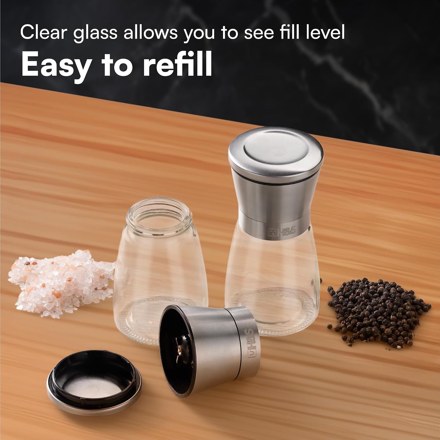 Salt and Pepper Grinder Set Glass Stainless Steel Adjustable Spice Mills