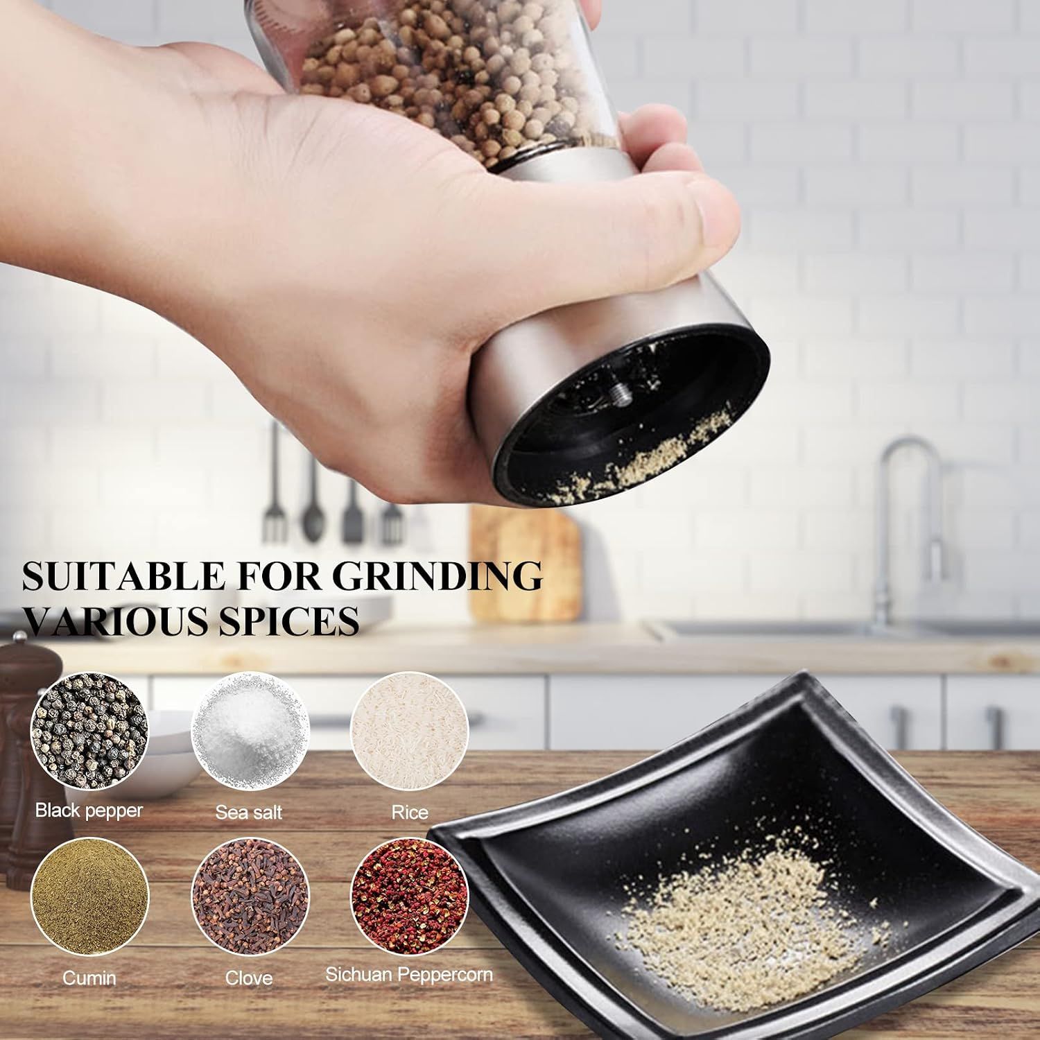 Salt and Pepper Grinder Set Glass Stainless Steel Salt &amp; Pepper Grinder Set – Adjustable Ceramic Grinder