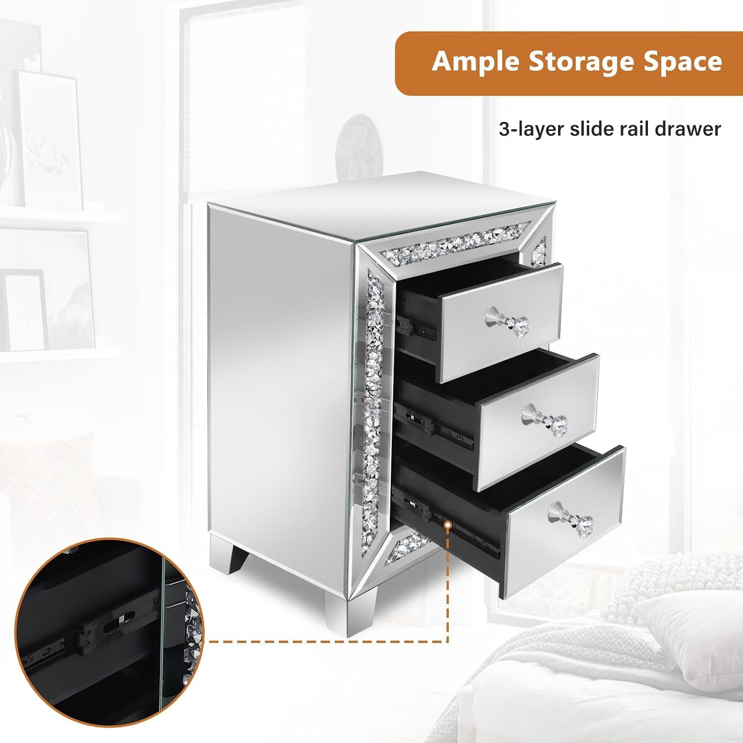 Crushed Diamond Mirrored Nightstand with 3 Drawers Silver