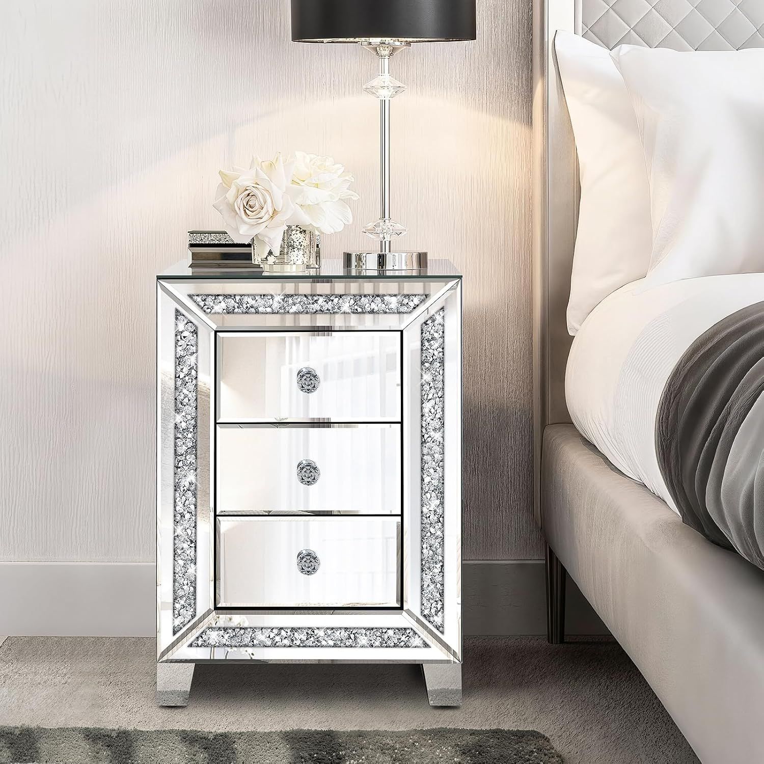 Crushed Diamond Mirrored Nightstand with 3 Drawers Silver