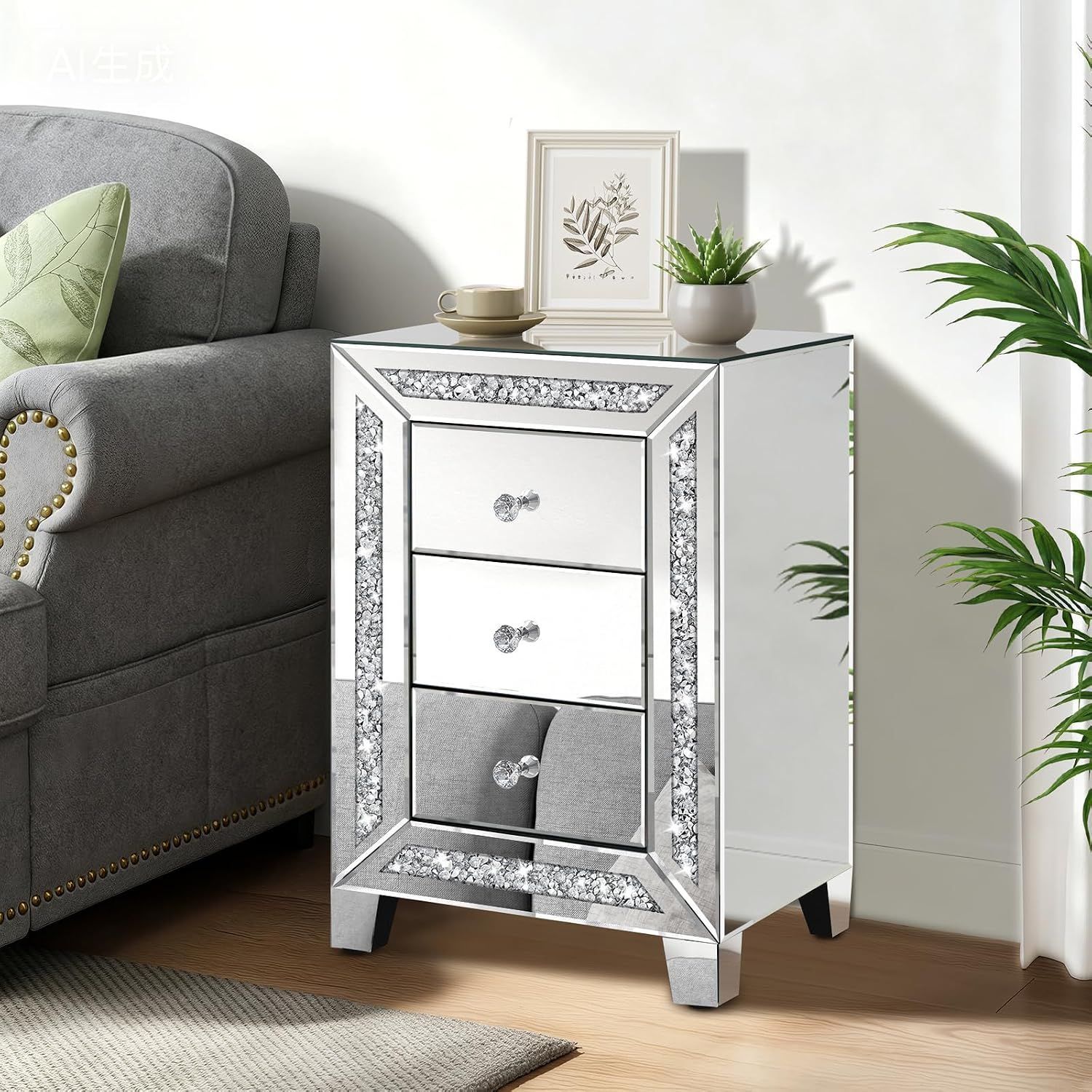 Crushed Diamond Mirrored Nightstand with 3 Drawers Silver