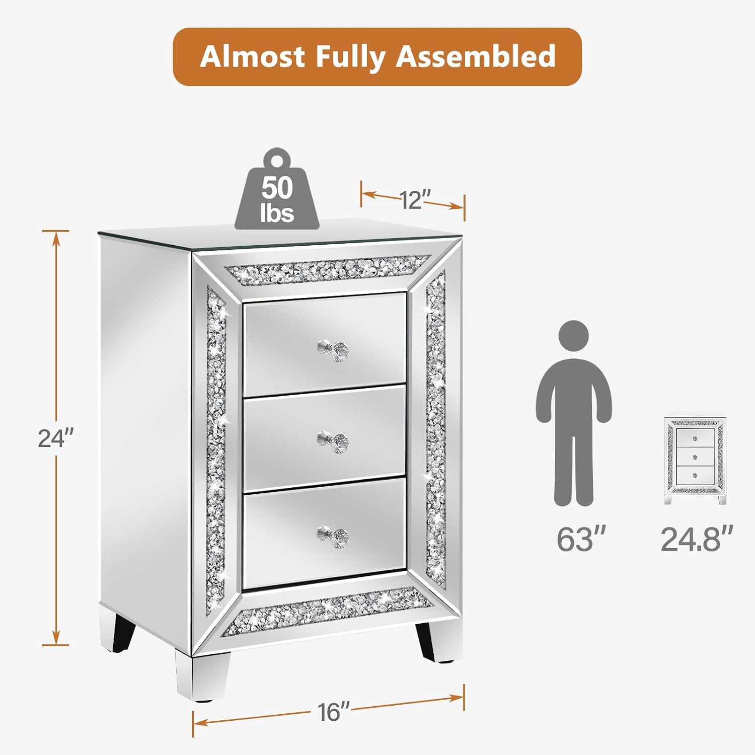 Crushed Diamond Mirrored Nightstand with 3 Drawers Silver