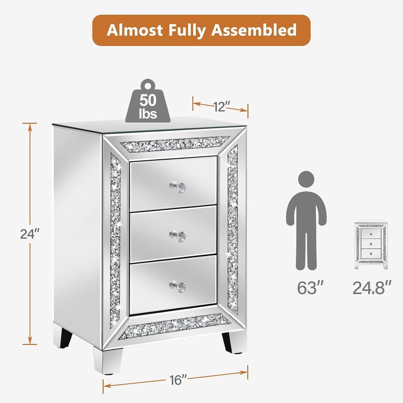 Crushed Diamond Mirrored Nightstand with 3 Drawers Silver