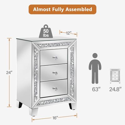 Crushed Diamond Mirrored Nightstand with 3 Drawers Silver