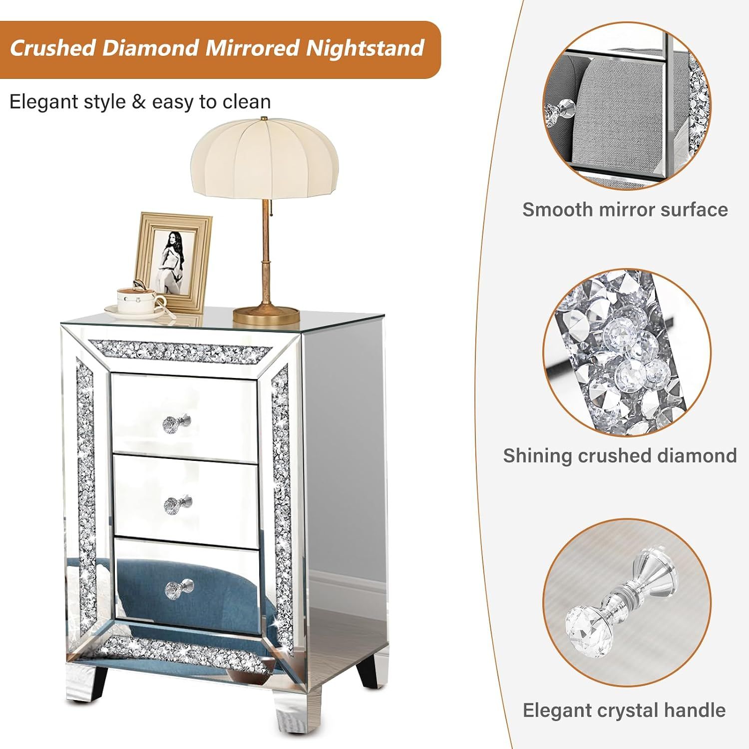 Crushed Diamond Mirrored Nightstand with 3 Drawers Silver