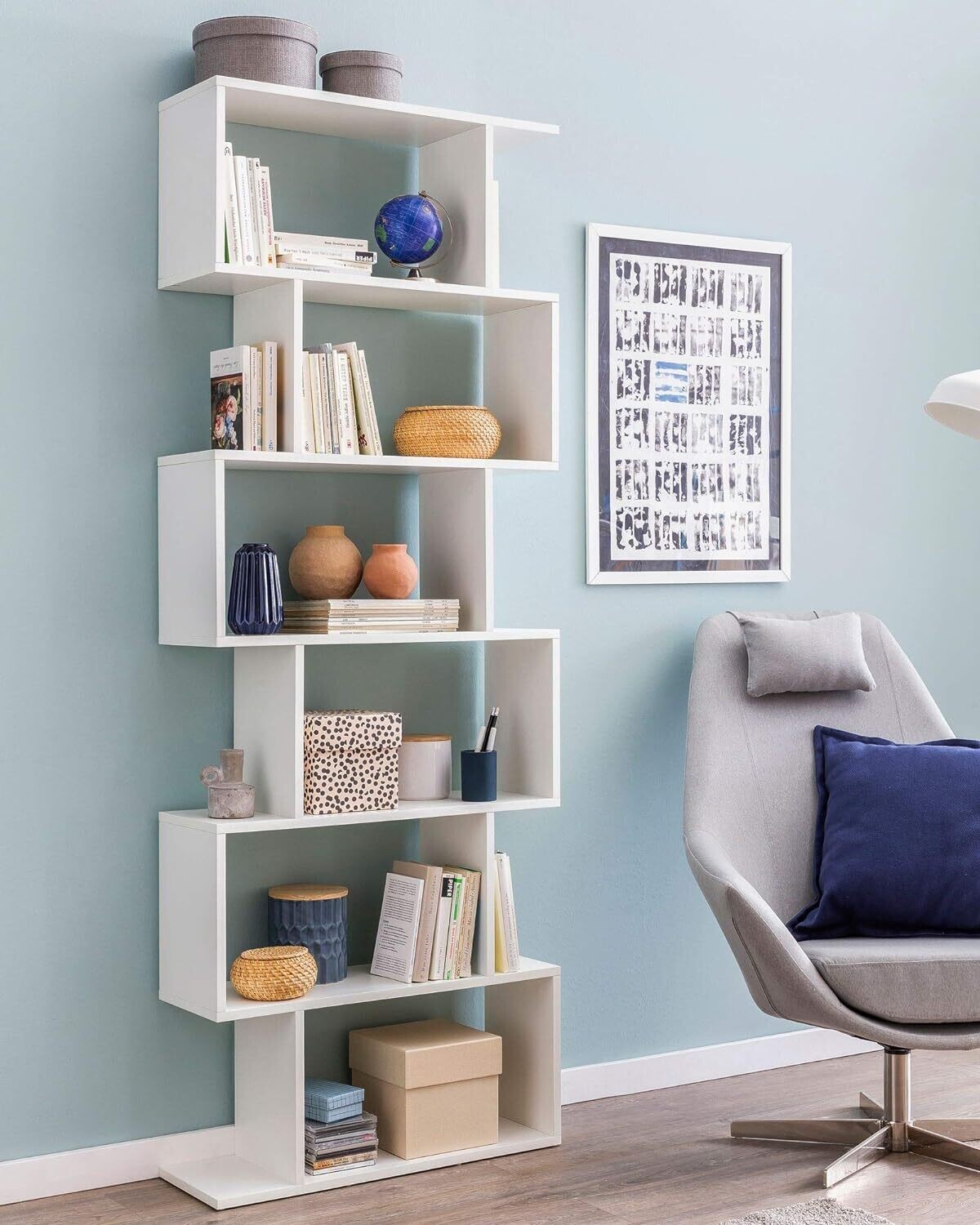 Universal Shelf, Filing Shelf, Bookcase White | Standing Shelf 6 Compartments | Small Design Chest of Drawers | Modern Filing Shelf Chipboard FreestaWall Shelf, 192 x 80 x 23.5 cm