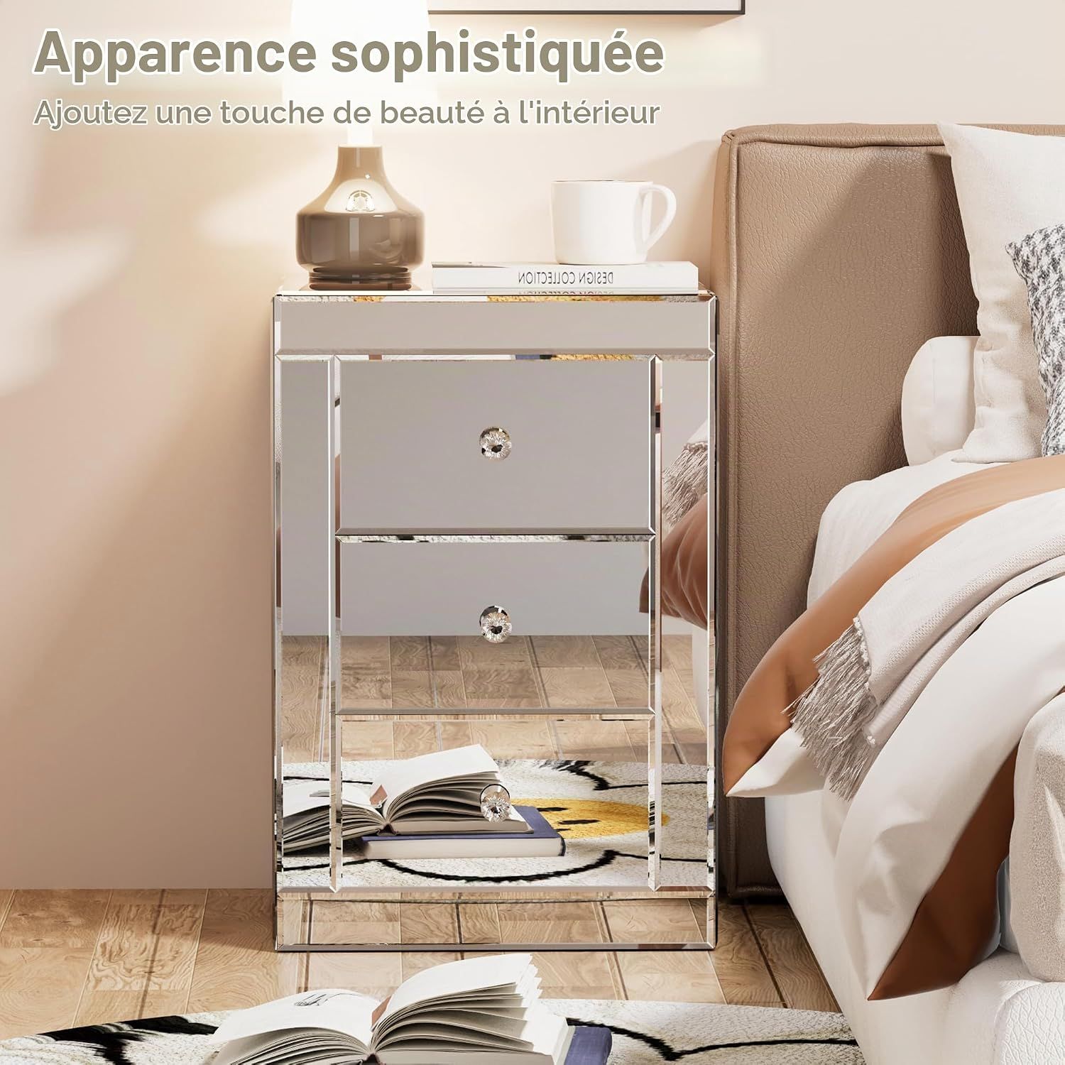 Mirrored Glass Bedside Table with 3 Drawers 40 x 40 x 60cm