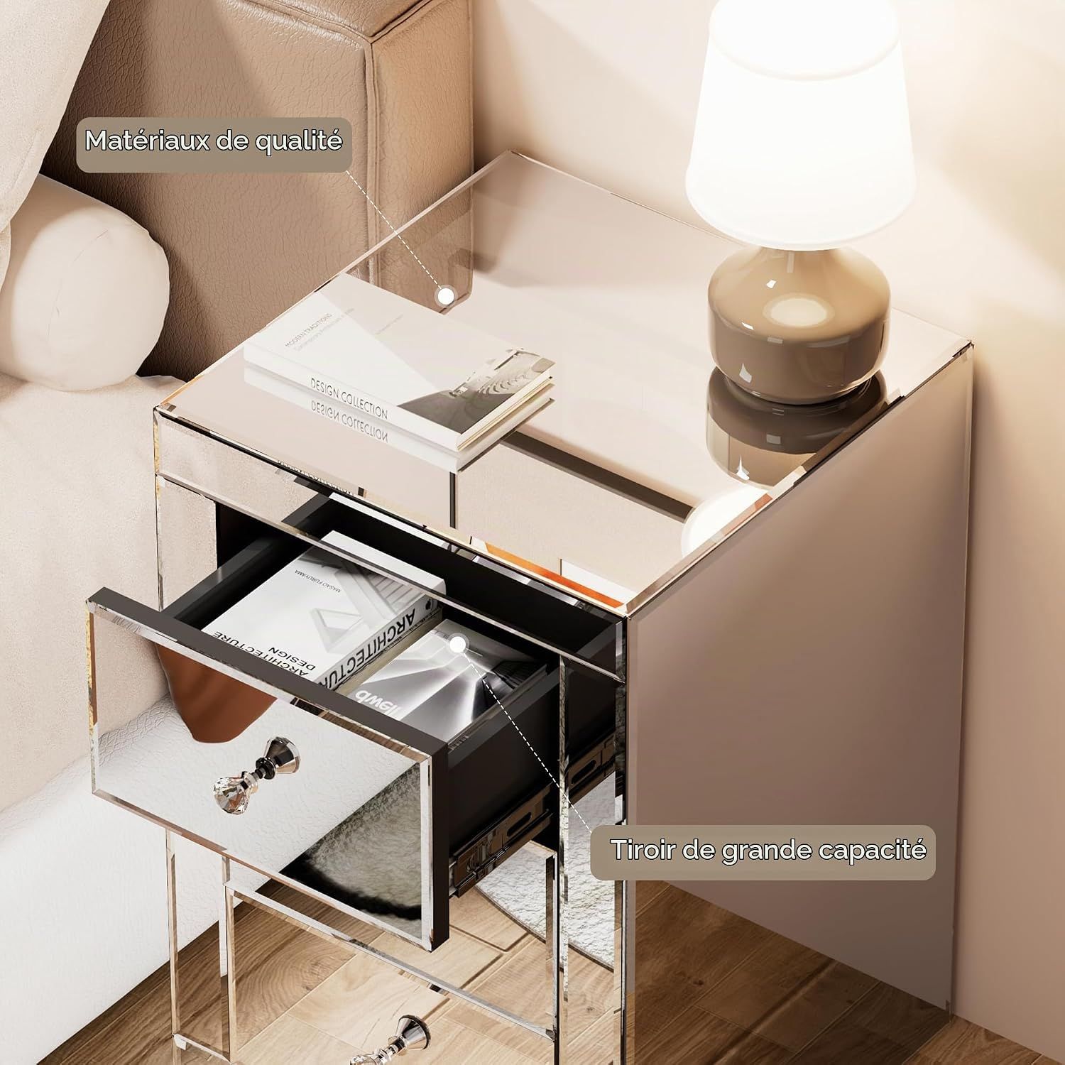 Mirrored Glass Bedside Table with 3 Drawers 40 x 40 x 60cm