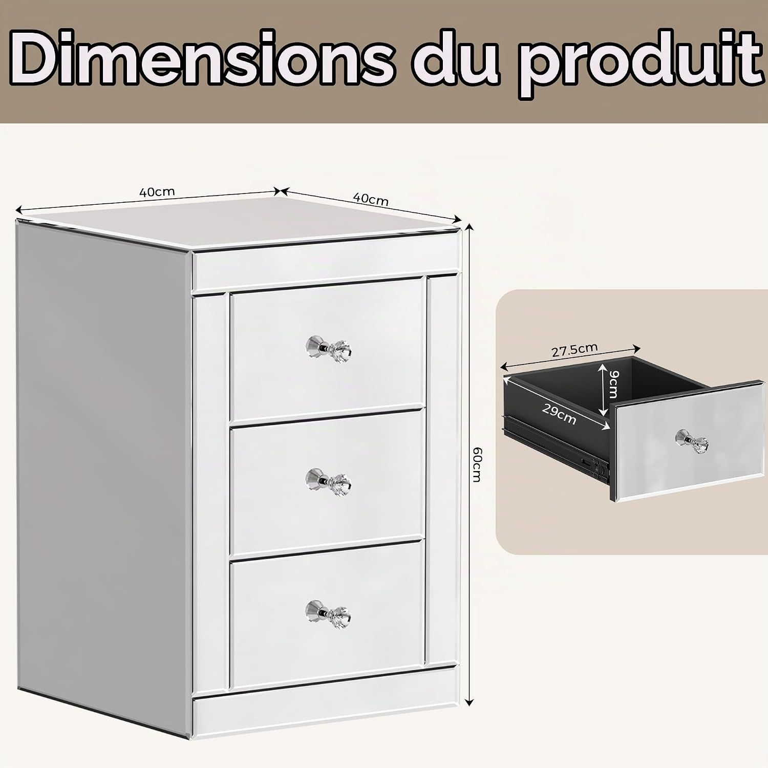 Mirrored Glass Bedside Table with 3 Drawers 40 x 40 x 60cm