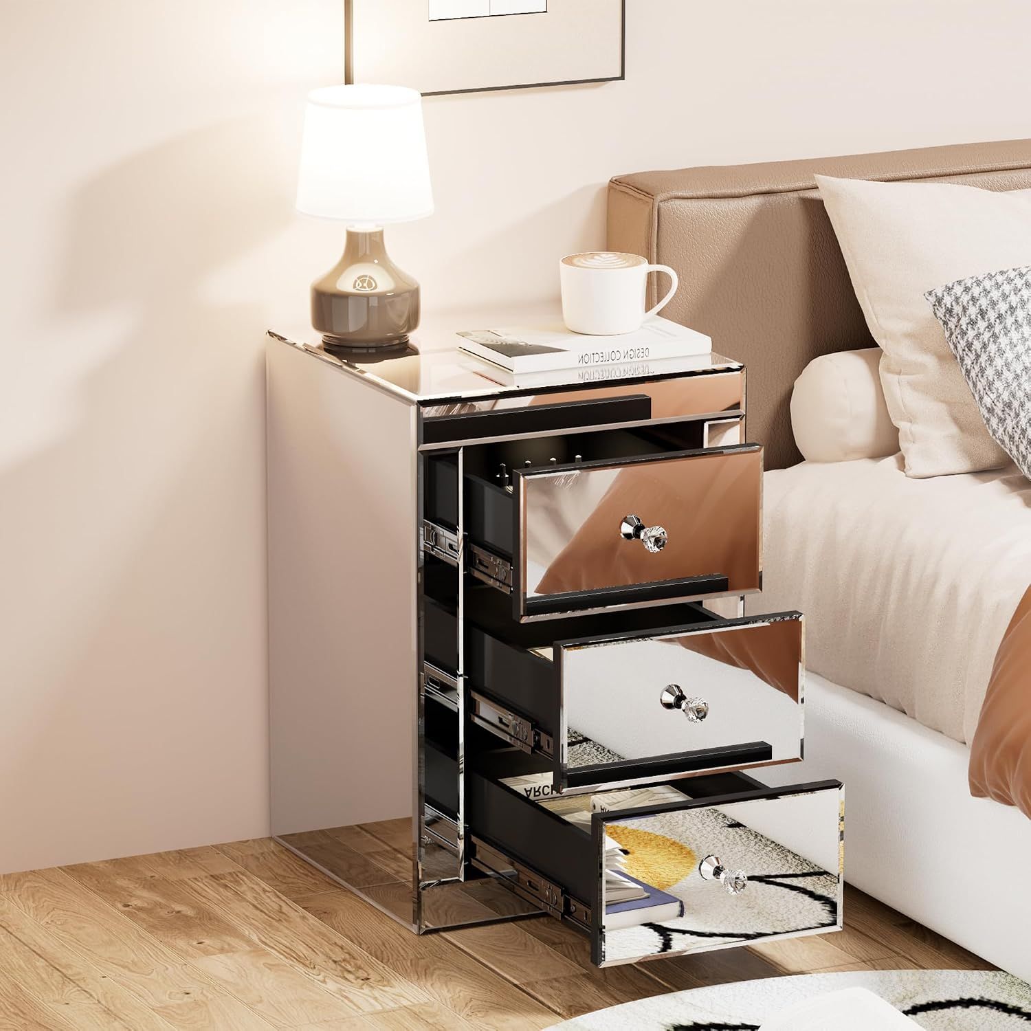 Mirrored Glass Bedside Table with 3 Drawers 40 x 40 x 60cm