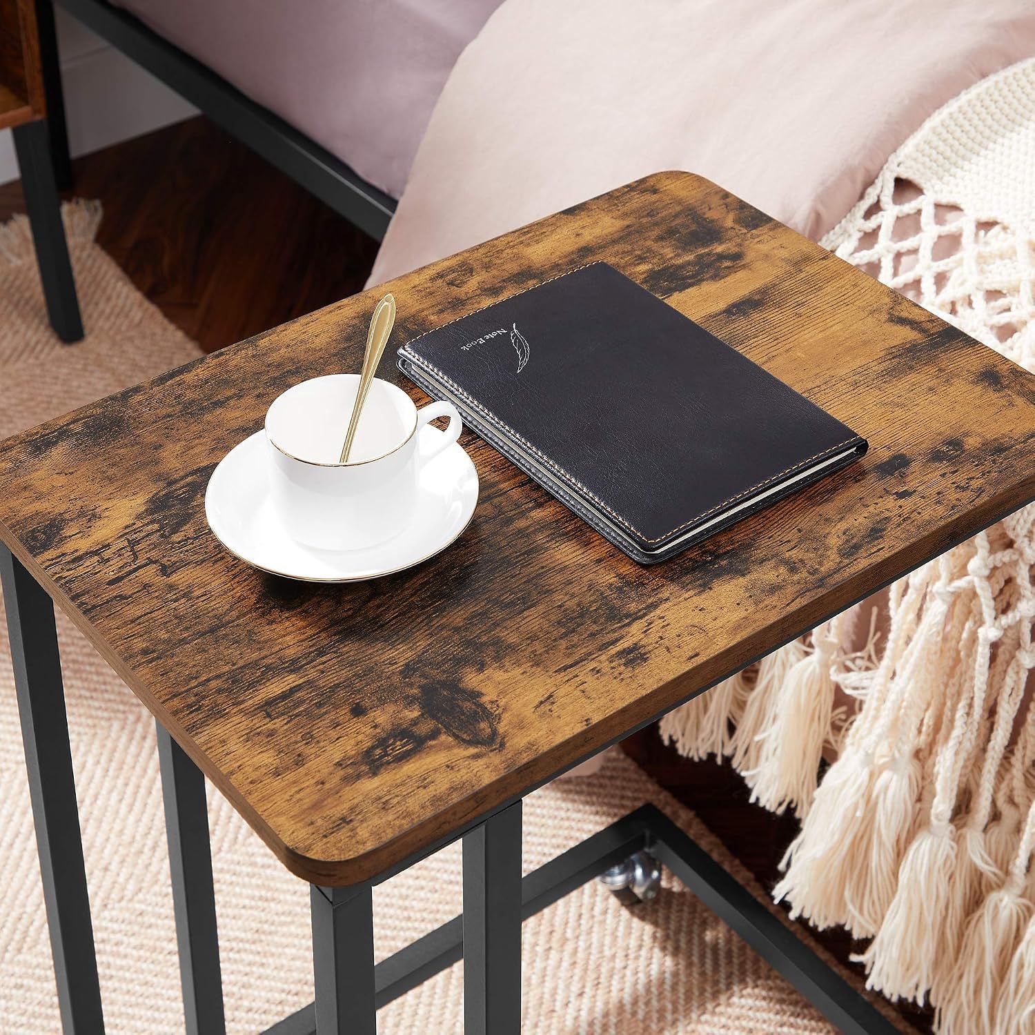 Side Table C Shape with Wheels Industrial Style