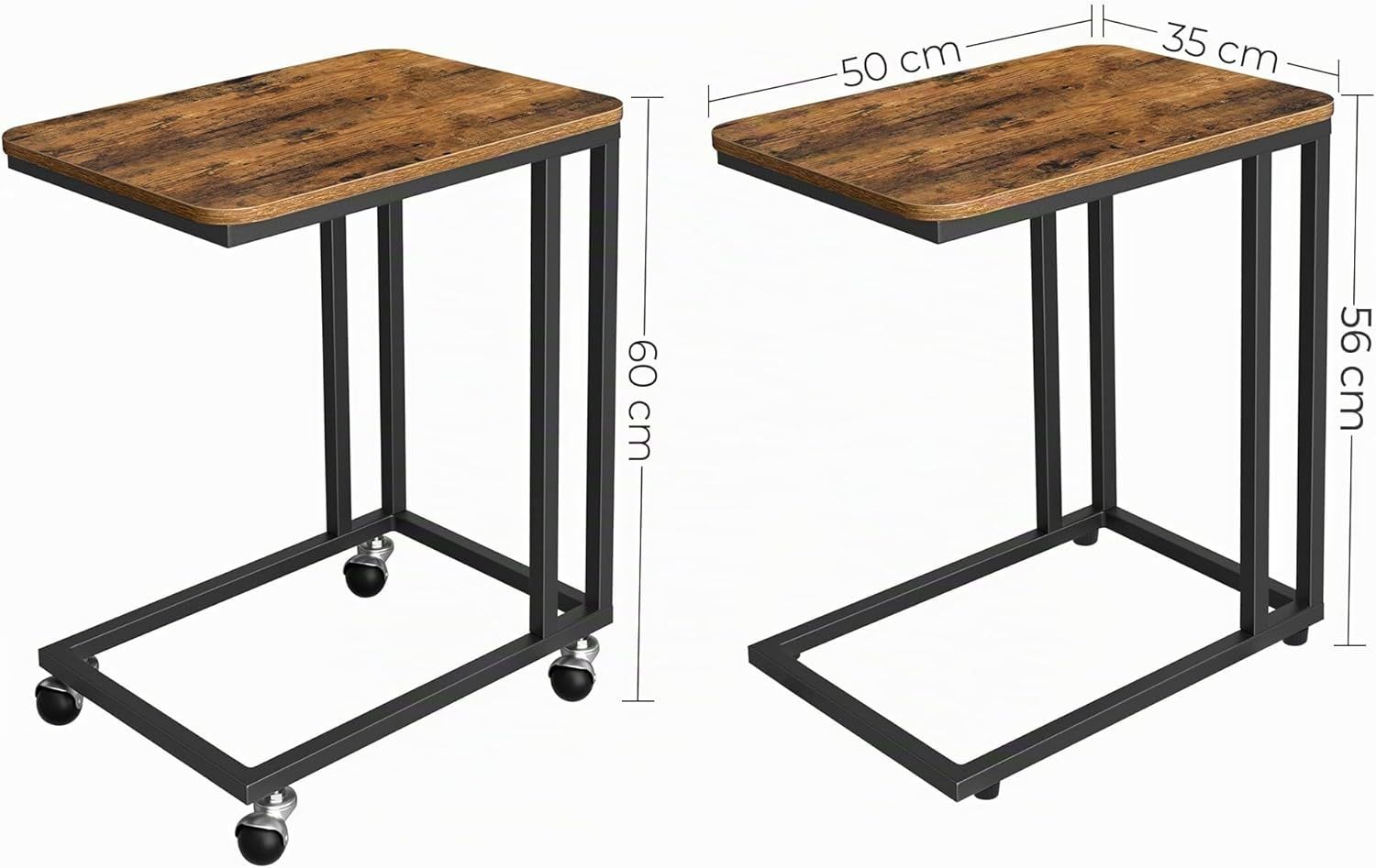Side Table C Shape with Wheels Industrial Style