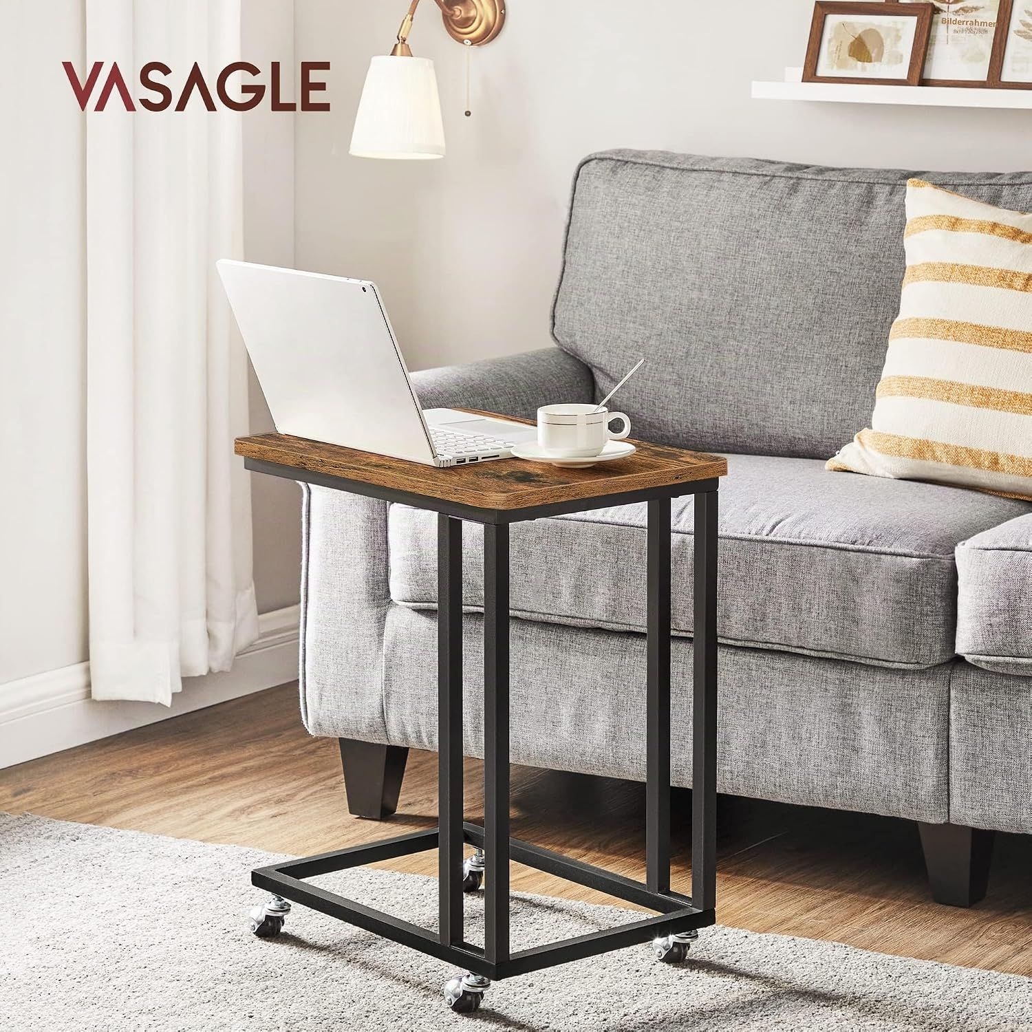 Side Table C Shape with Wheels Industrial Style