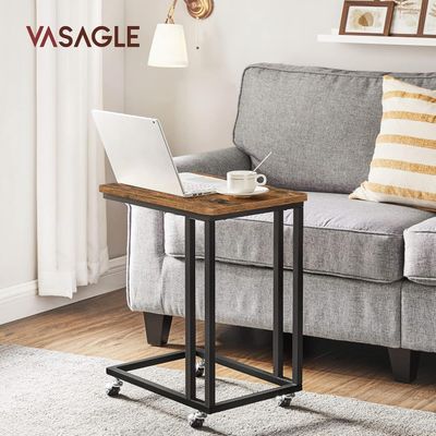 Side Table C Shape with Wheels Industrial Style