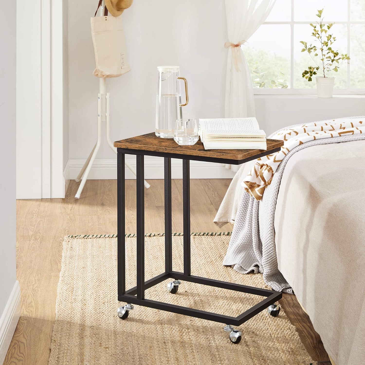 Side Table C Shape with Wheels Industrial Style