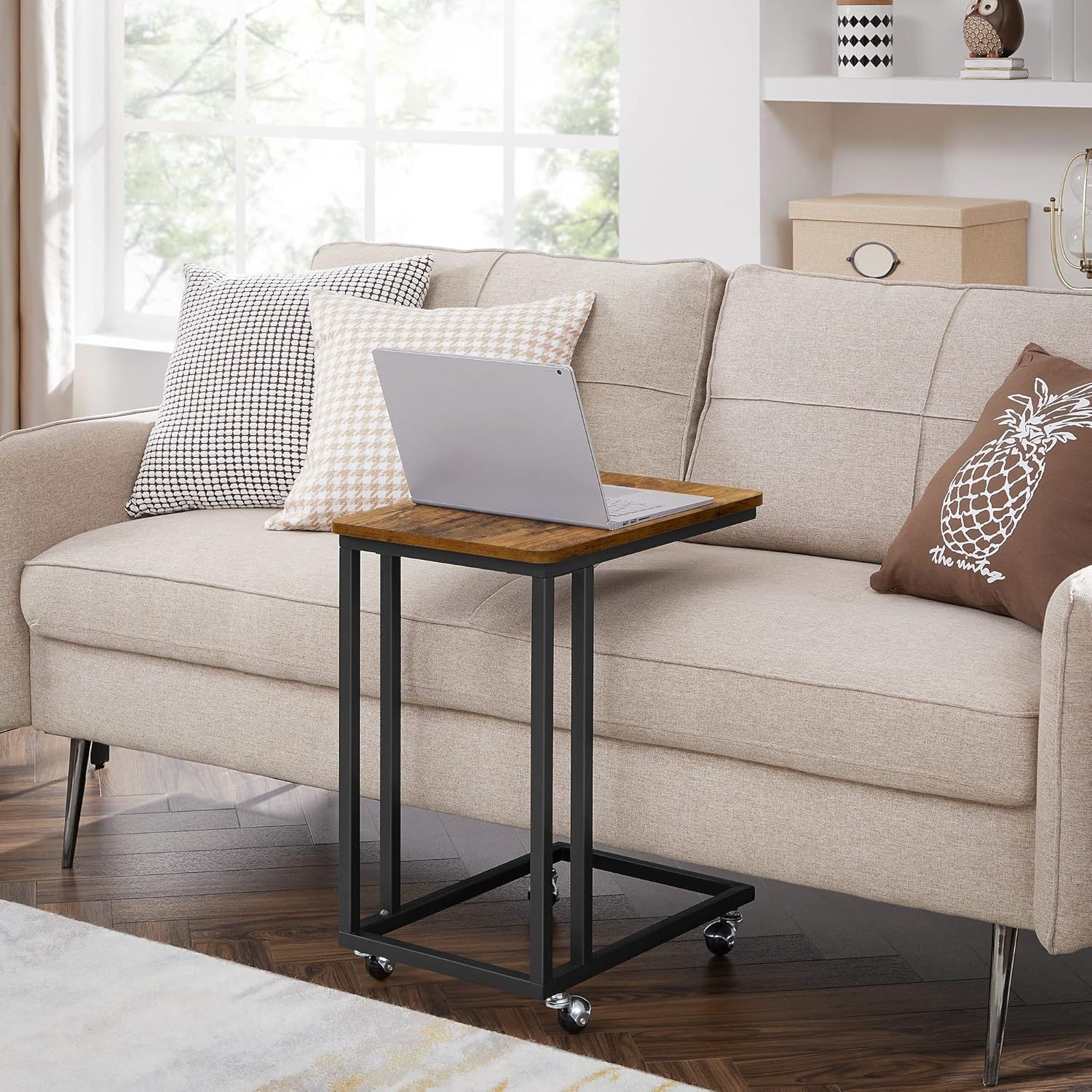 Side Table C Shape with Wheels Industrial Style