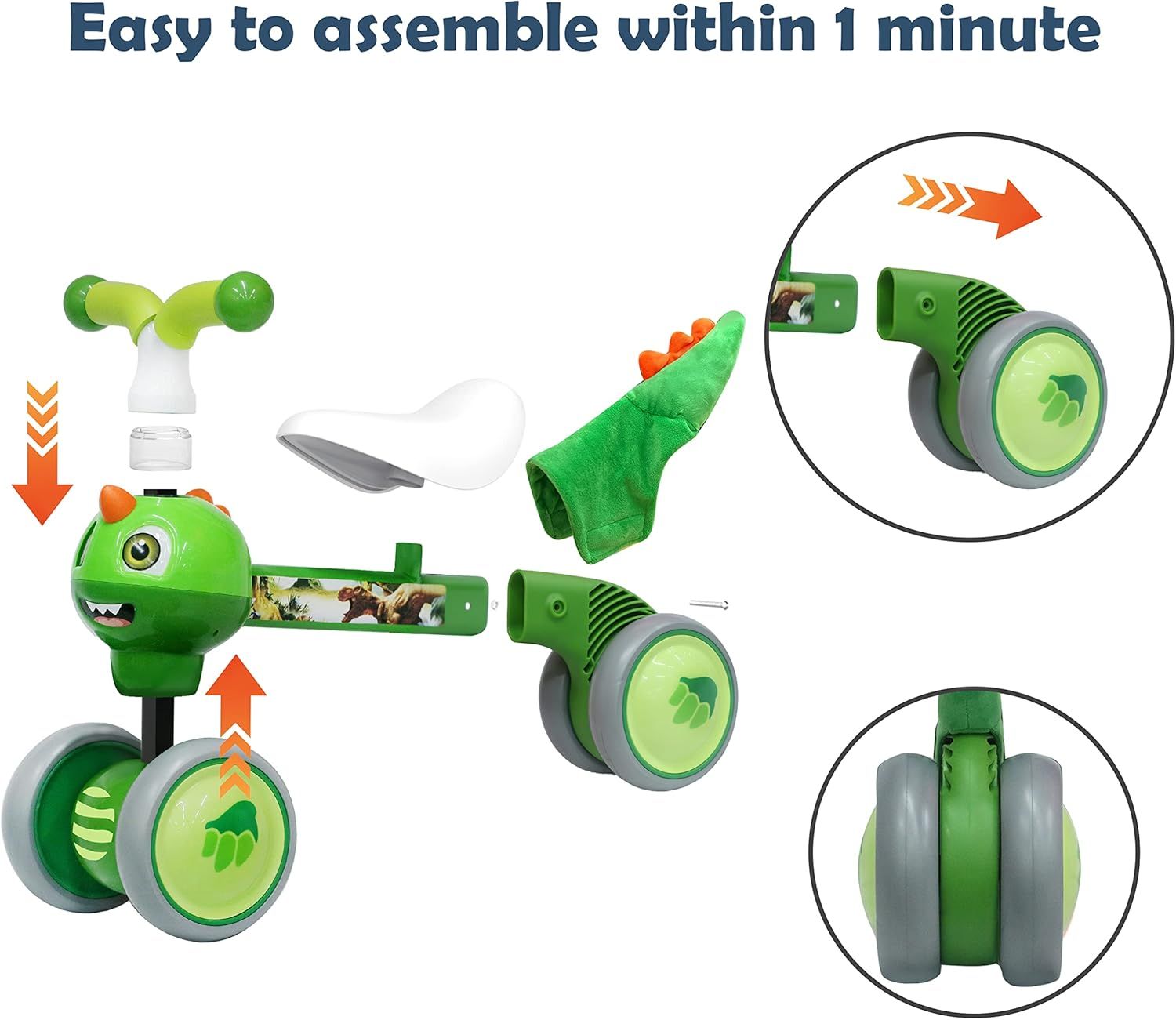 Baby Balance Bike for 10-36 Months, No-Pedal Toddler Ride-On Training Bike, 12-Inch Wheels, Dinosaur