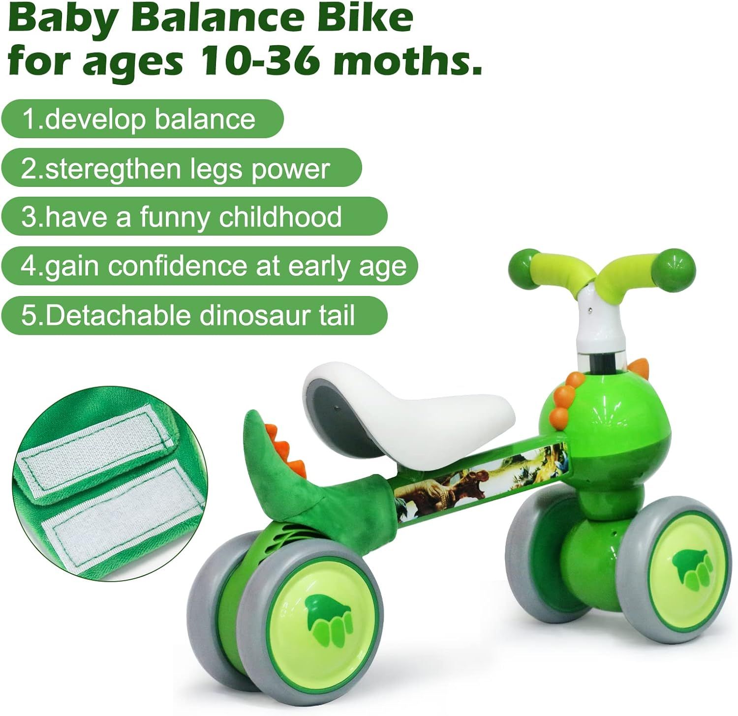 Baby Balance Bike for 10-36 Months, No-Pedal Toddler Ride-On Training Bike, 12-Inch Wheels, Dinosaur