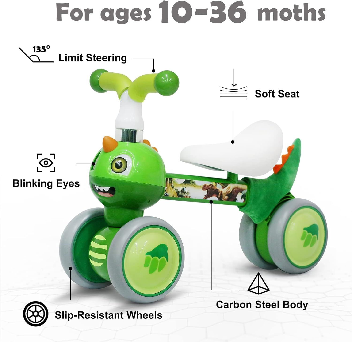 Baby Balance Bike for 10-36 Months, No-Pedal Toddler Ride-On Training Bike, 12-Inch Wheels, Dinosaur