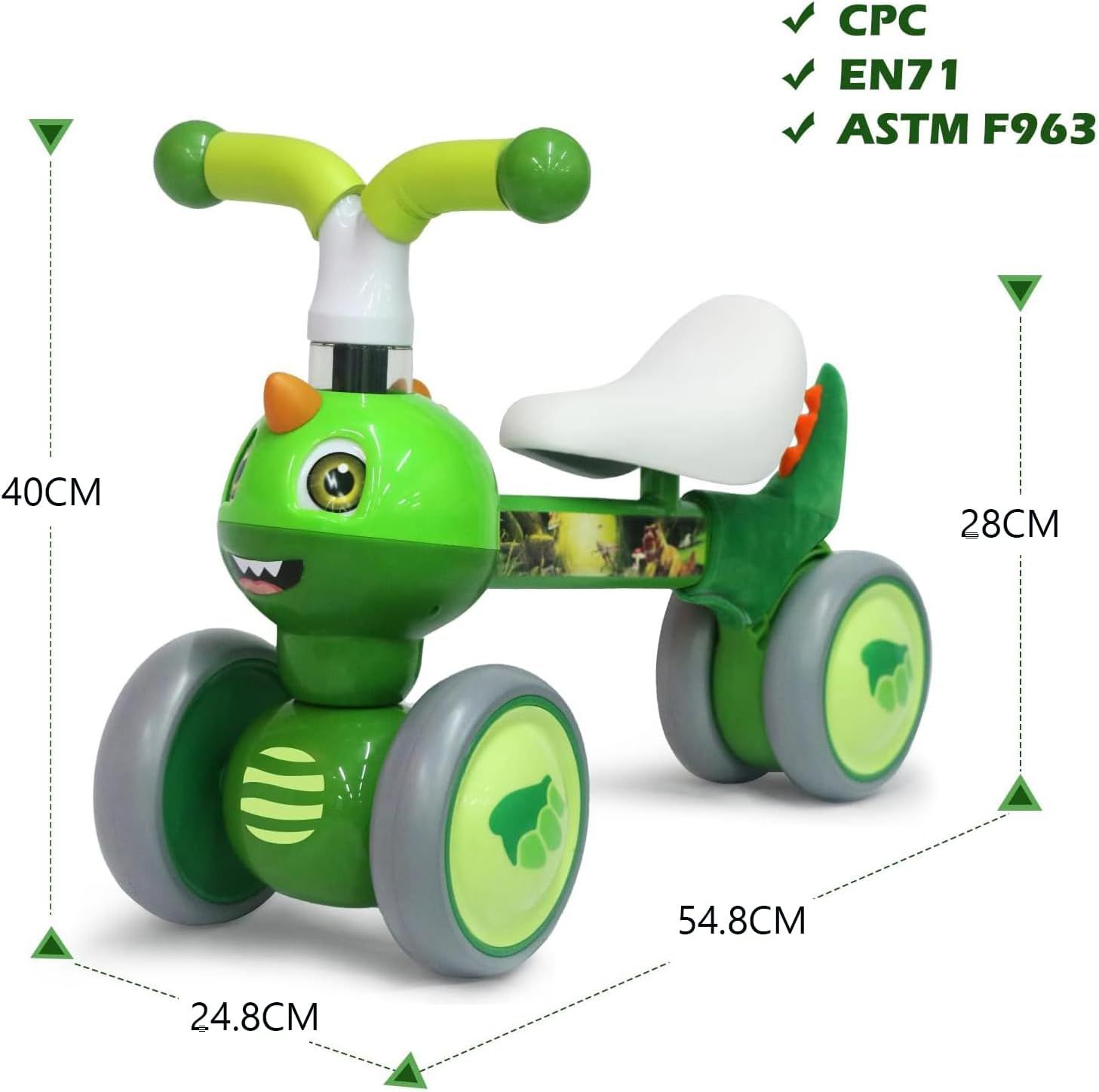 Baby Balance Bike for 10-36 Months, No-Pedal Toddler Ride-On Training Bike, 12-Inch Wheels, Dinosaur