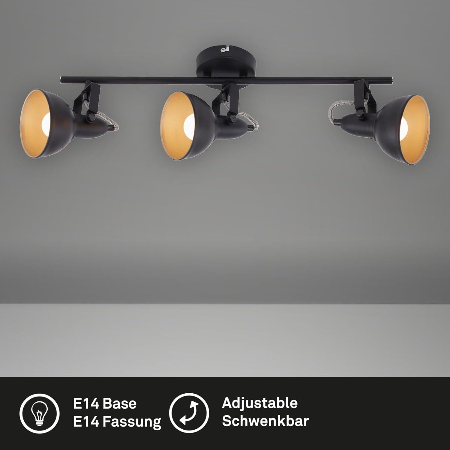 Vintage 3-Light Ceiling Spotlight Fixture Black &amp; Gold E14 Retro LED Lamp