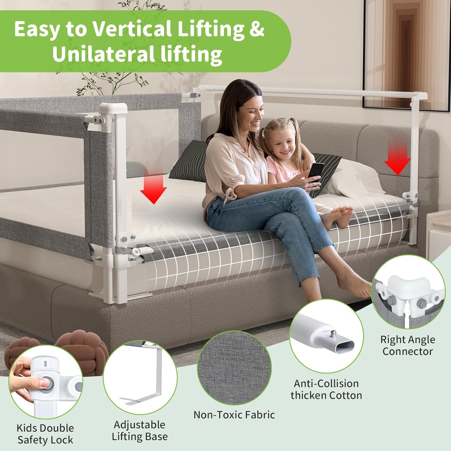 3-Piece King Size Bed Rail for Toddlers, Adjustable Metal Safety Guardrail, Grey
