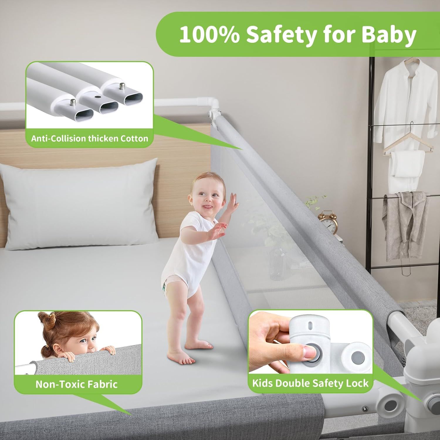 3-Piece King Size Bed Rail for Toddlers, Adjustable Metal Safety Guardrail, Grey