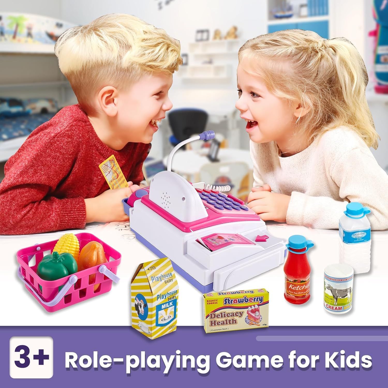 Pretend and Play Kids Cash Register Supermarket Set – Pink