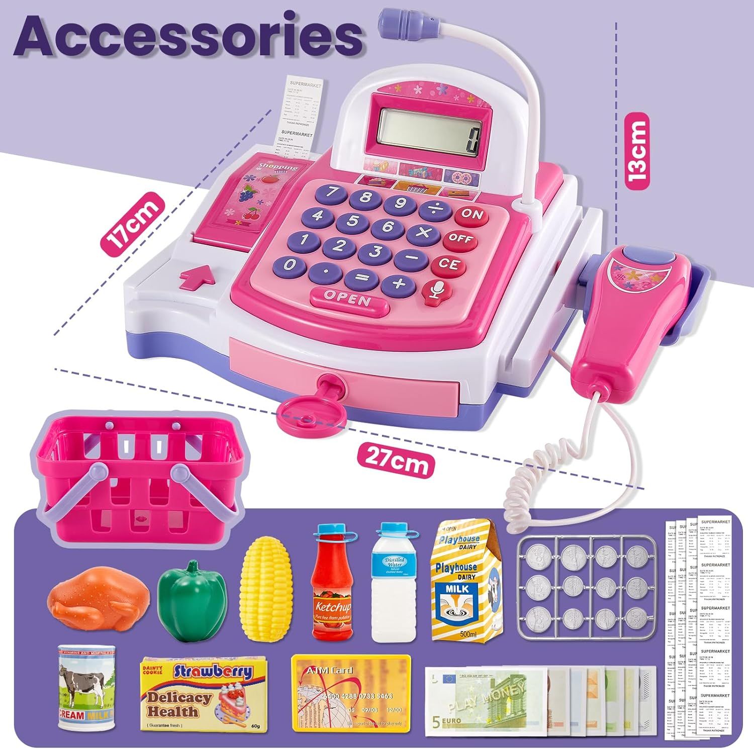 Pretend and Play Kids Cash Register Supermarket Set – Pink