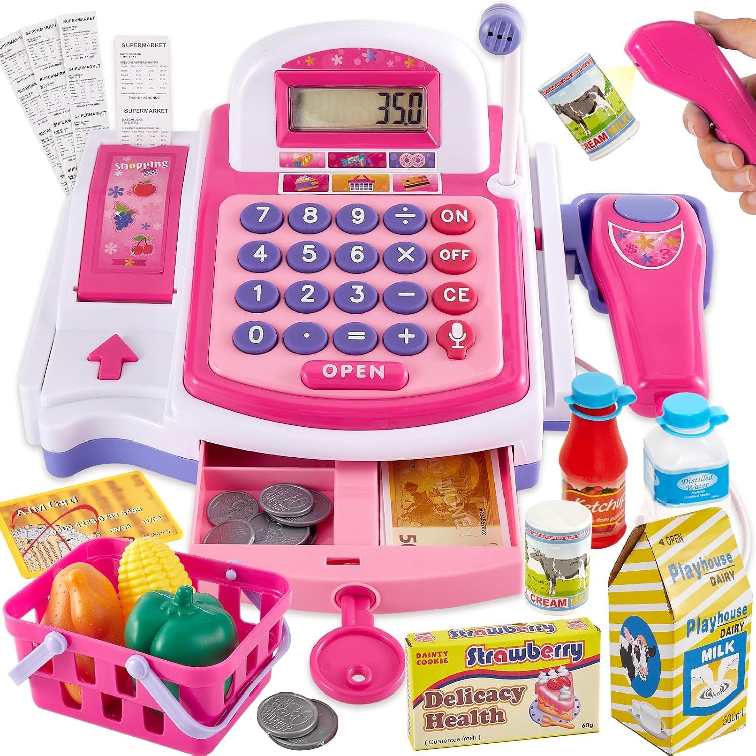 Pretend and Play Kids Cash Register Supermarket Set – Pink