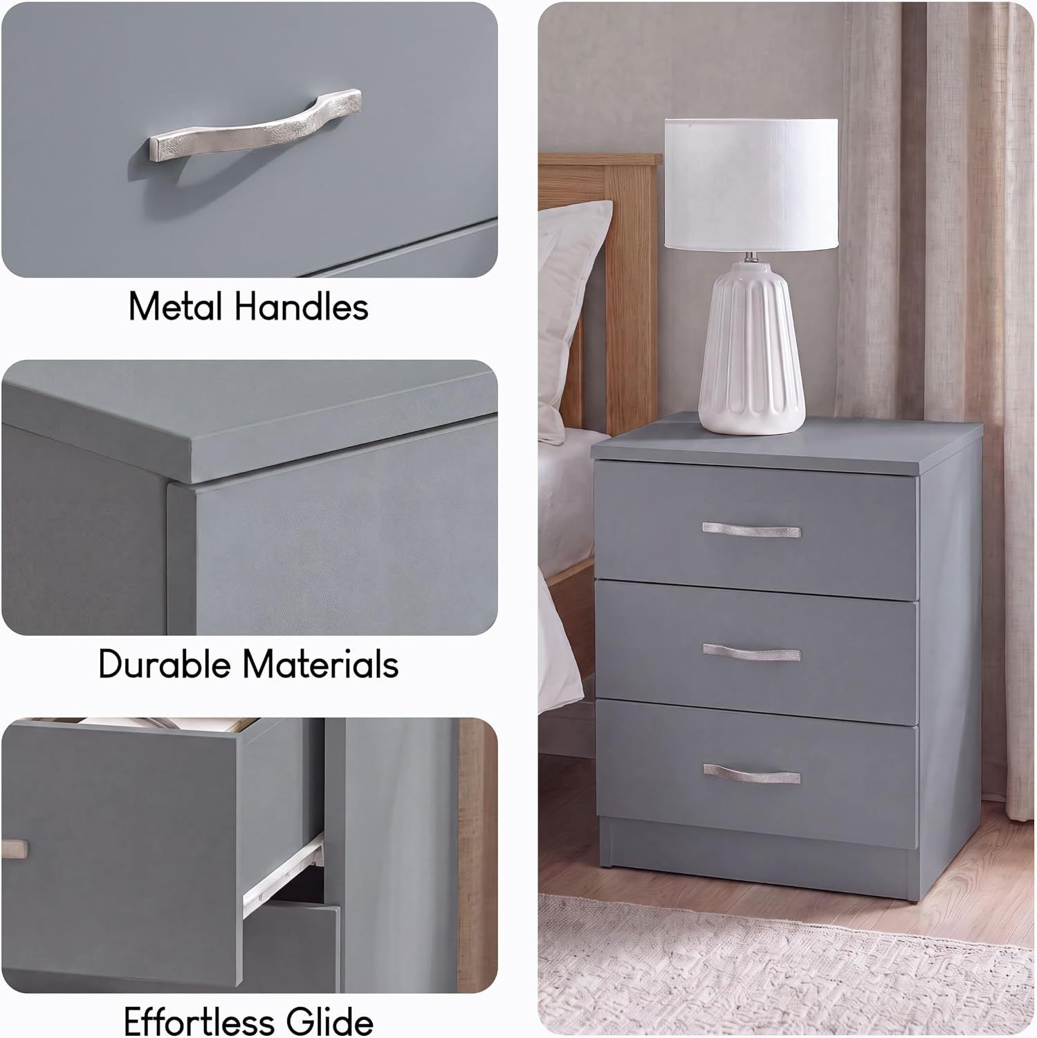 Simple 3-Drawer Bedside Chest – Modern Bedroom Nightstand with Spacious Storage
