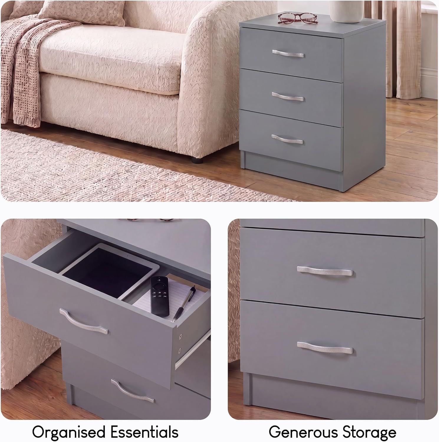 Simple 3-Drawer Bedside Chest – Modern Bedroom Nightstand with Spacious Storage
