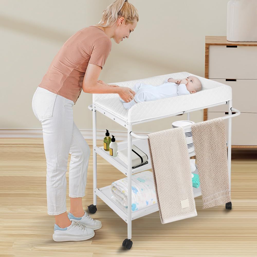 Baby Changing Table with Wheels 2 Shelves Safety Belt White