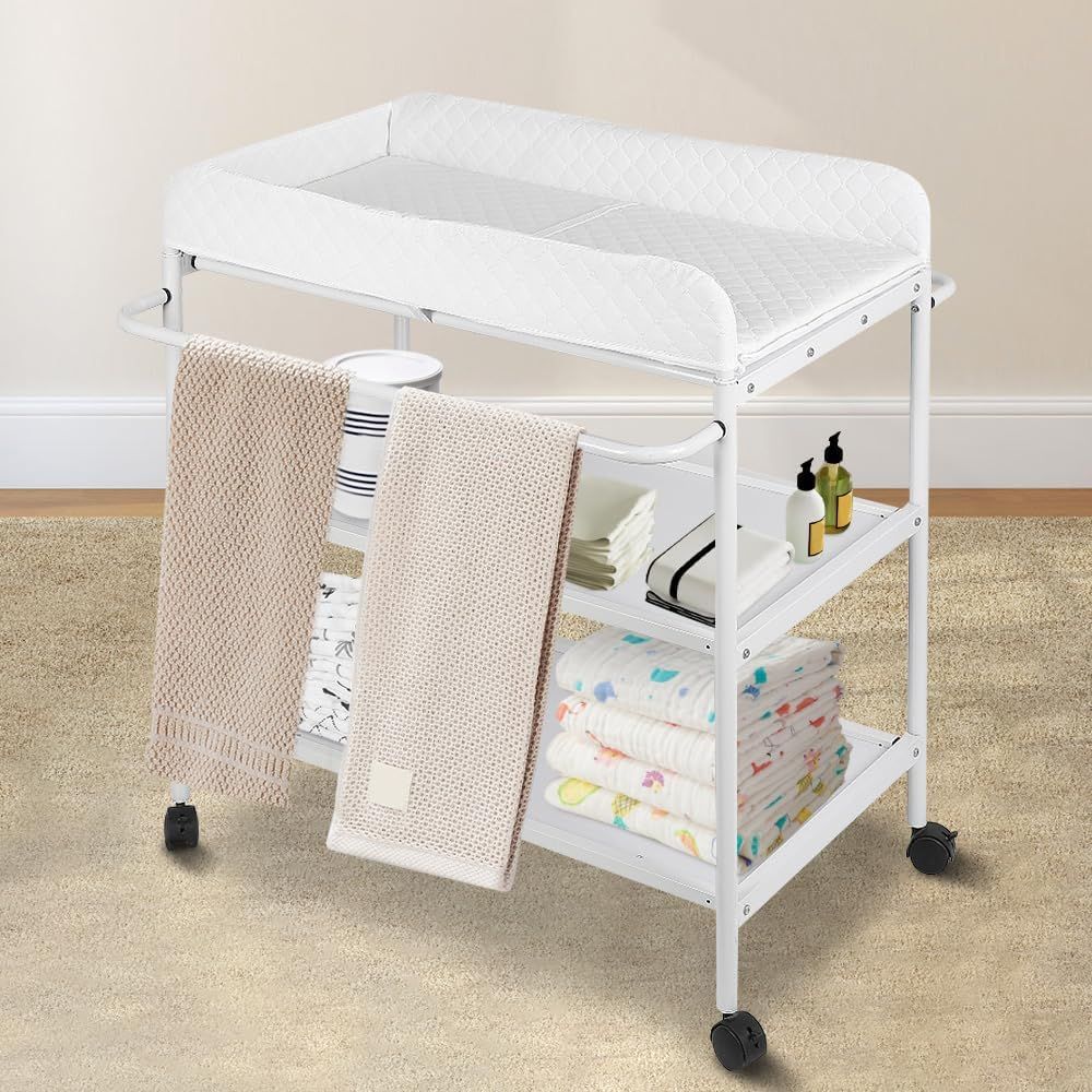 Baby Changing Table with Wheels 2 Shelves Safety Belt White
