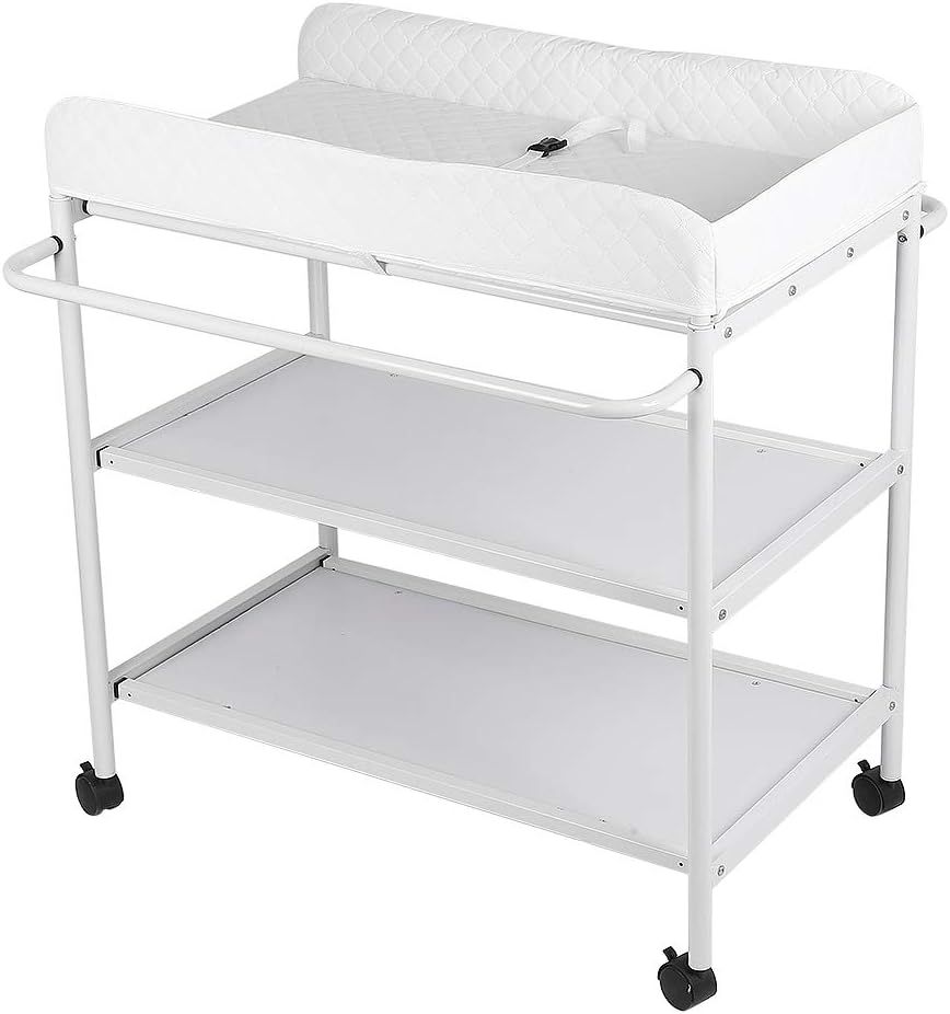 Baby Changing Table with Wheels 2 Shelves Safety Belt White