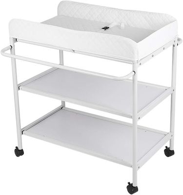 Baby Changing Table with Wheels 2 Shelves Safety Belt White