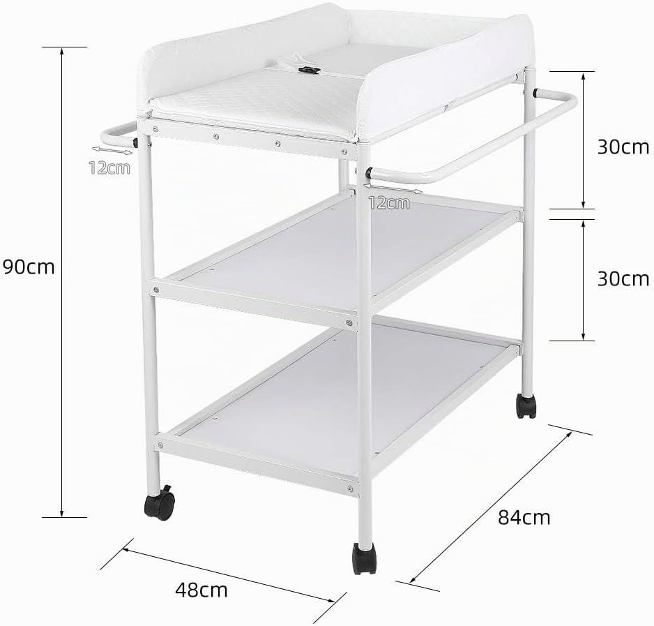 Baby Changing Table with Wheels 2 Shelves Safety Belt White