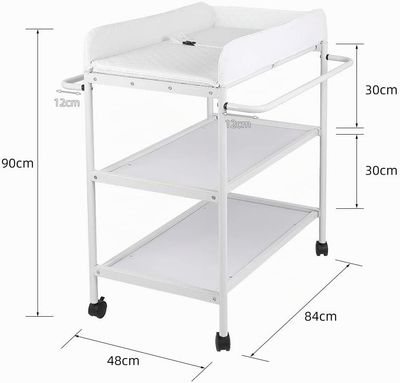 Baby Changing Table with Wheels 2 Shelves Safety Belt White